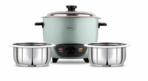 Pigeon Inox Rice Cooker with Double pot, 1.8 litres | Stainless Steel Lid | 700 Watts | 2 Steel Cooking Pot | Measuring Cup | Spatula | Energy Efficient Cooking